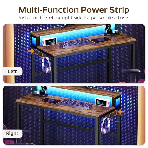 YATINEY Small Computer Desk with Charging Station and LED Lights, Gaming Desk with Monitor Stand, 2-Tier Home Office Desk with 4 Side Hooks, for Living Room, Home Office, Rustic Brown DN01UDBRY2