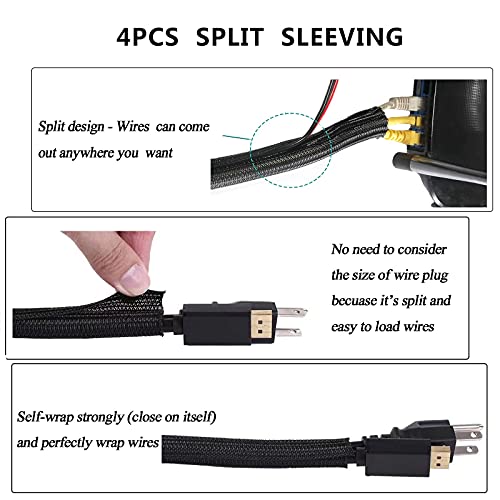 Cord Management Organizer Kit 4 Cable Sleeve split with 41Self Adhesive Cable Clips Holder, 10pcs and 2 Roll Self Adhesive tie and 100 Fastening Cable Ties for TV Office Car Desk Home
