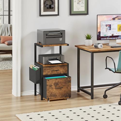 HIGDBFE File Cabinet with 2-Tier Shelf, Letter Size Drawer Filing Cabinet with Reversible Side Bag, Vertical Office Cabinet Printer Stand with Storage for Home Office, Rustic Brown, 16.5" W
