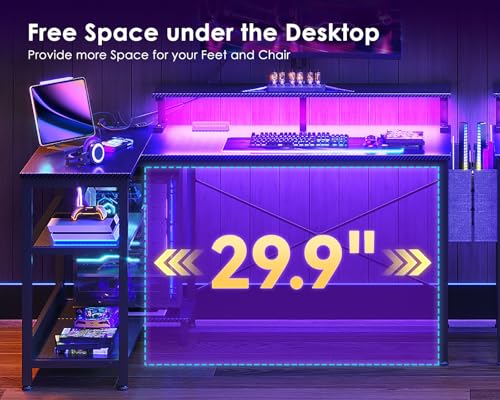 ODK 40 Inch Gaming Desk with USB Power Outlets and LED Lights, Reversible L Shaped Computer Desk with Storage Shelves & Monitor Stand, Corner Home Office Desk Table, Carbon Fiber Surface, Black