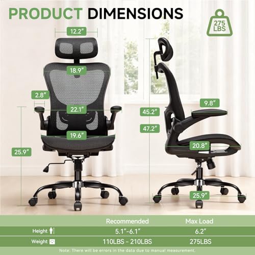 GTPLAYER Office Chair, Home Ergonomic Desk Chair with High Back Mesh, Mesh Office Computer Desk Chairs with Adjustable Lumbar Support, Rolling Work Swivel Task Chairs with 3D Armrests and Headrest