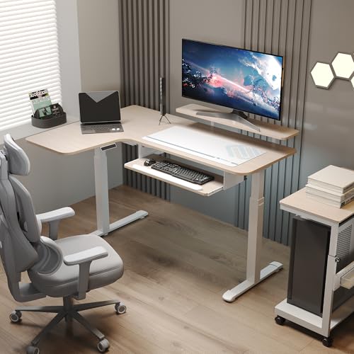 EUREKA ERGONOMIC 55 Inch L Shaped Electric Standing Desk, Height Adjustable Computer Gaming Desk with Keyboard Tray, Mouse Pad, Home Office Work, Maple Wood, Left Side