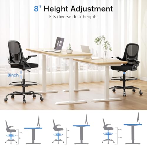 Alolo 450lbs Drafting Chair Tall Office Chair for Standing Desk with Flip-up Armrests,Ergonomic High Desk Chair with Lumbar Support and Adjustable Footrest Ring for Office,Black