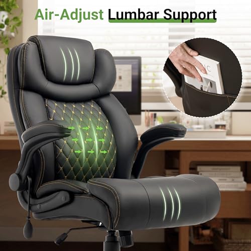 BLISNEST Office Chair, Big and Tall Executive Chairs with Lumbar Support for Back Pain, Breathable Desk Computer Chair with Adjustable Flip-up Armrests, Wide Cushion Swivel Home Office Chair Black PU