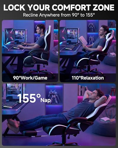 GTPLAYER Gaming Chair for Adults, Ergonomic Computer Gaming Chair with Footrest, Height Adjustable, 90-155° Recline & Removable Headrest Lumbar Support, Snow White