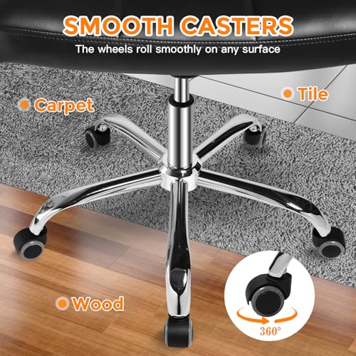 OUTMASTER Black Office Chair with Wheels - 360° Swivel Armless Back Support，Comfortable Pu Adjustable Rolling Desk Chairs for Office，Home，Vanity，Bedroom，Big Space (Widened Black)