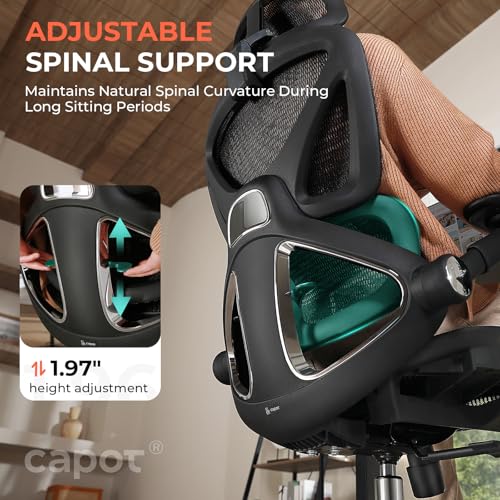CAPOT Ergonomic Mesh Office Chair, Adjustable Lumbar High Back Desk Chair 400lbs, 4D Flip-up Arms, 3-Level Tilt Backrest, 3D Headrest, PU Wheels, Swivel Rolling Computer Seating for Long Desk Work