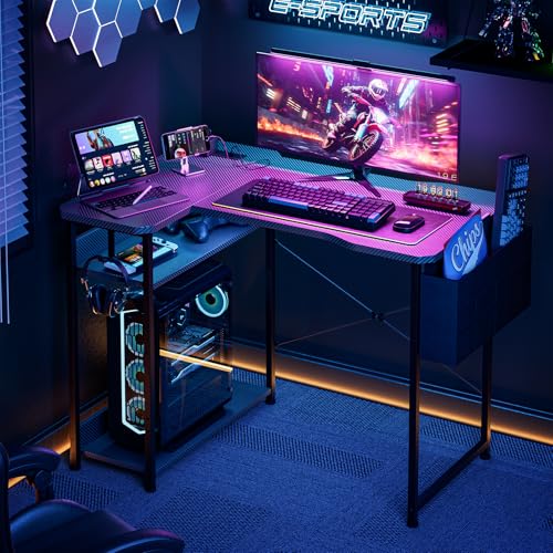 Acrolix L Shaped Gaming Desk 40 Inch - Computer Corner Desk with Power Outlets, Reversible Shelves & Storage Bag for Home Office, PC Gaming Table, Black Carbon
