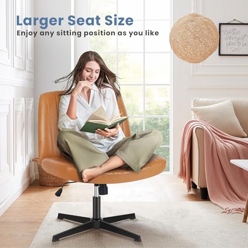 DUMOS Criss Cross Chair No Wheels, Wide Seat Cross Legged Office Desk Vanity Chair, Faux Leather Armless Height Adjustable Swivel Task Computer Chairs for Home, Study, Brown PU