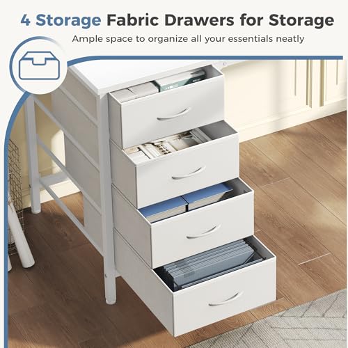 DUMOS 47 Inch Computer Desk 4 Drawers Gaming Desk Power Outlets LED Lights Office Workstation Small Spaces Monitor Shelf Writing Table Home Office Bedroom Study White