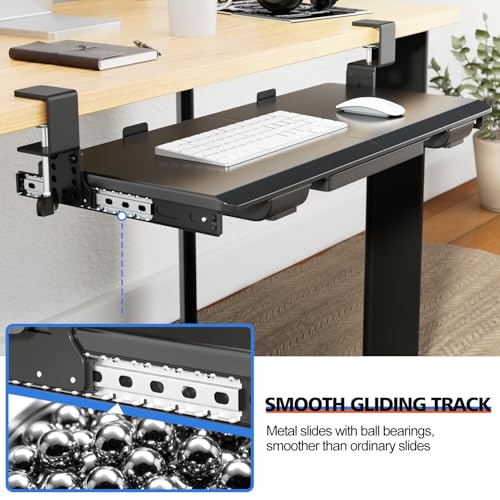 OUKMIC Large Height Adjustable Keyboard Tray with Sturdy C-Clamp Mount and Storage Drawer, 27"(31" Including Clamps) x 12" Slide Out Ergonomic Keyboard Trays for Home and Office, Black