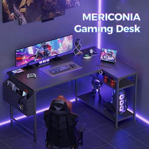 Mericonia Small L Shaped Computer Desk with Power Outlets, Reversible Gaming Desk with Storage Shelves, Corner Gamer Desk Table, Study Writing Table