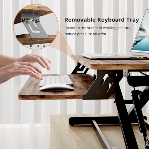 JOY worker Standing Desk Converter, 32" Wide Height Adjustable Sit Stand Up Desk Riser with Keyboard Tray, Desktop Workstation Riser for Home Office Computer Laptop, Particle Board, Rustic