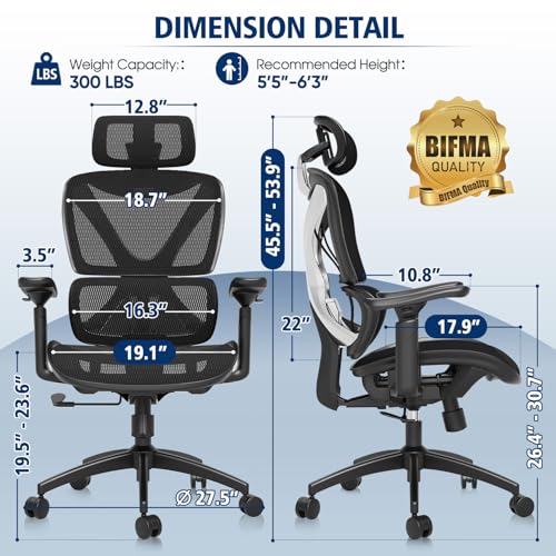 GABRYLLY Ergonomic Office Chair, Big and Tall Mesh Chair with Lumbar Support, 3D armrest - 215° Rotation, Adjustable Headrest & Soft Seat, Durable Computer Chair 350LBS for Work Gaming