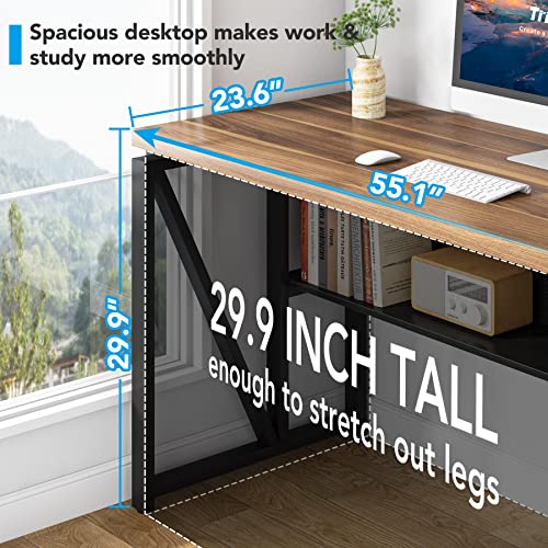 Tribesigns 55 inches Computer Desk with Bottom Storage Shelf Home Office Desk Writing Table for Workstation, Dark Walnut + Steel Leg, Cabinet not Included (Walnut, 55-inch -with Shelf)