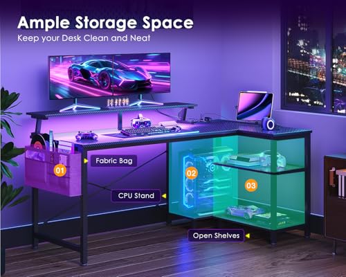 ODK 48 Inch Gaming Desk with USB Charging Ports and LED Lights, Reversible L Shaped Computer Desk with Storage Shelves & Monitor Stand, Corner Gamer Desk Table with Power Outlets, Black