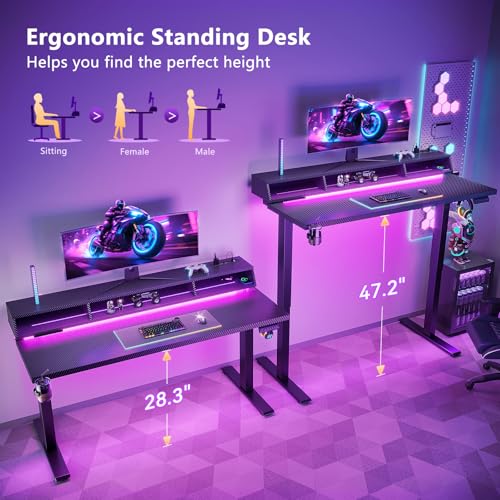 OffiGo Gaming Standing Desk with LED Light, 55 Inch Electric Height Adjustable Table with Power Outlet & Monitor Stand, Sit Stand Computer Workstation for Home, Bedroom, Black