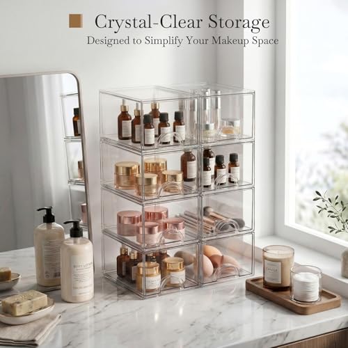 Zeawec 8 Pack Small Clear Stackable Acrylic Storage Boxes for Art Tool & Sketch, Storage Drawers, Storage Organizer, Clear Plastic Makeup Organizer, Ideal for Vanity, Cabinet, Desk Organization