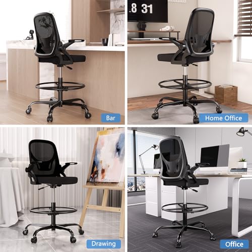 Alolo 450lbs Drafting Chair Tall Office Chair for Standing Desk with Flip-up Armrests,Ergonomic High Desk Chair with Lumbar Support and Adjustable Footrest Ring for Office,Black