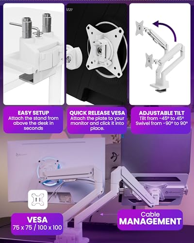 Arozzi Alzare Neo Duo Dual Gas Spring Monitor Arm - 2 Independent Arms, 17":34" Monitors, VESA 75/100, 360 Rotation, Up to 20 lbs Each, Cable Management, C-Clamp & Grommet Included - White