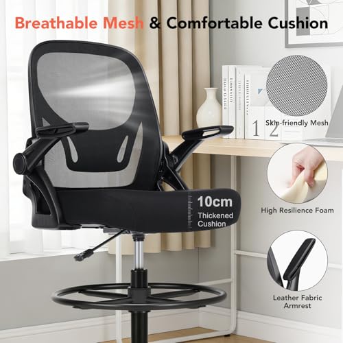 shipborne Drafting Chair, Tall Office Chair with Adjustable Footrest Ring, Standing Desk Chair with Flip-Up Armrests, Breathable Mesh High Desk Chair for Counter Height Desk, Black
