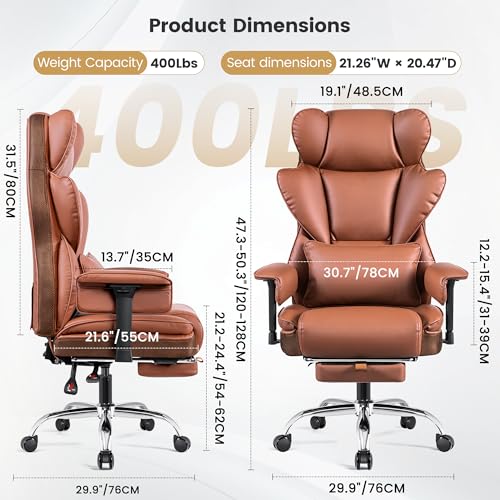 Stella Mia Big & Tall Executive Office Chair 400 LBS, Ergonomic High Back Heavy Duty Computer Chair with Retractable Footrest and Wide Seat, for Heavy People, Brown