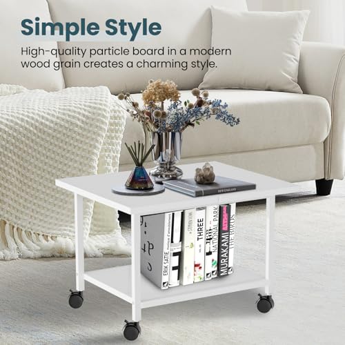 SwaaVee Printer Stand, 2-Tier Under Desk Printer Stand, Printer Cart with Wheels for Home, Office, Heavy-Duty Storage Shelf, White