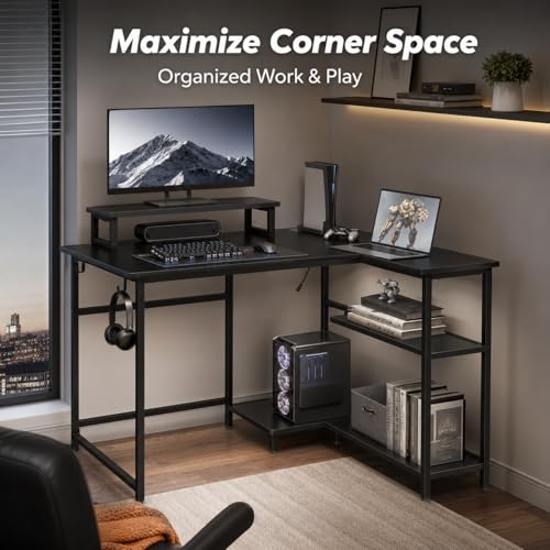 DEVAISE 47" L Shaped Gaming Desk with LED Lights and Power Outlets - Spacious Corner Computer Table with Monitor Stand and Storage Shelves for Work and Gaming, Black