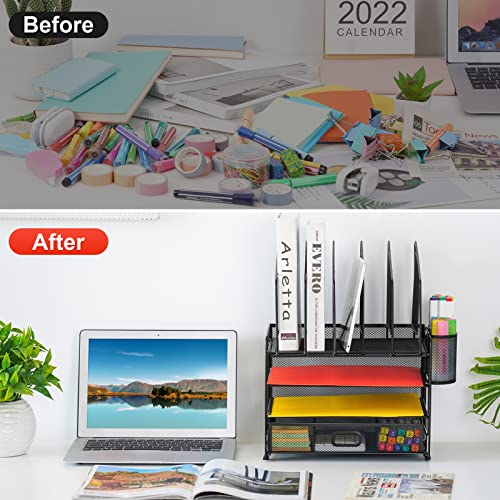 Marbrasse Desk organizer with Drawer, 4-Tier Mesh File Organizer with 5 Vertical File Holders and 2 Pen Holders, Multifunction Desktop Organizer,Desk Organizers and Accessories for Home Office