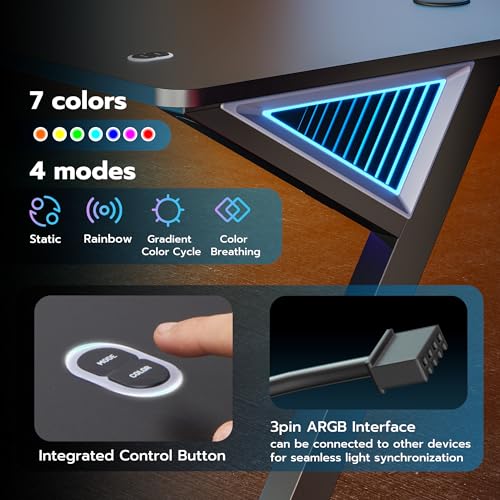 ARES WING Gaming Desk RGB 47 Inch - Z Shaped Gaming Table with LED Light and DIY Control Cable, Computer Desks for Home and Office, Black