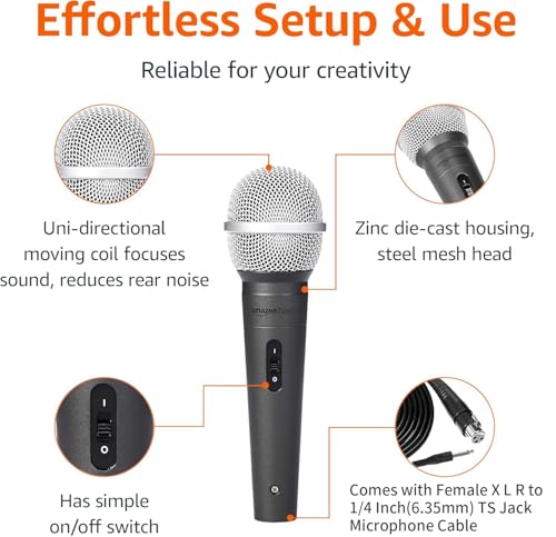 Amazon Basics Dynamic Vocal Microphone with Cable for Podcasting, Recording, Broadcasting, Live Performance, Karaoke, Cardioid Pattern