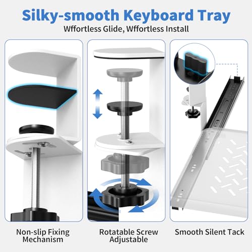 Strifuture Keyboard Tray Under Desk - Full Metal Slide Out Holder, Rust-Resistant & Scratch-Proof, Double C-Clamps, 26x13" Tray for L Shape/Regular Desks, Standing/Sitting Workstation(White-A)