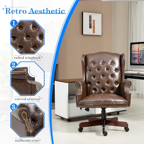 Big and Tall Executive Office Chair, Ergonomic 360° Swivel Recliner Chair, Retro Brown Faux Leather Home Office Desk Chairs w/Button Tufted Wingback Comfy Luxury Heavy Duty 500 Lb & Height Adjustable