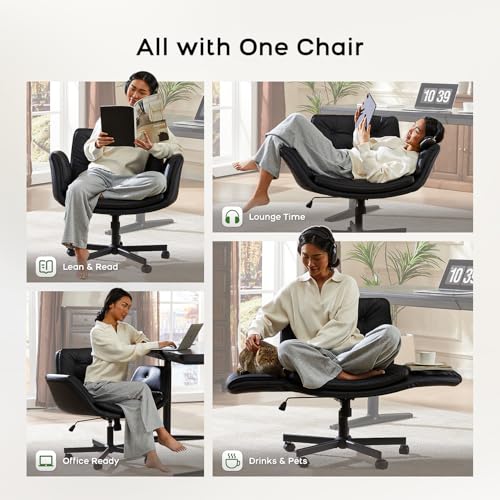 amseatec Criss Cross Office Chair, PU Leather Vanity Chair with 5-Level Adjustable Armrests & Swivel, Ergonomic Criss Cross Chair for Home Office Bedroom Makeup（Black）