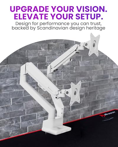 Arozzi Alzare Neo Duo Dual Gas Spring Monitor Arm - 2 Independent Arms, 17":34" Monitors, VESA 75/100, 360 Rotation, Up to 20 lbs Each, Cable Management, C-Clamp & Grommet Included - White