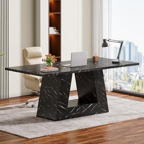 Tribesigns Modern Executive Desk, 63-Inch Large Office Desk Workstation, Simple Style Computer Desk Study Table with Sturdy Base, Wooden Faux Marble Writing Desk for Home Office, Black