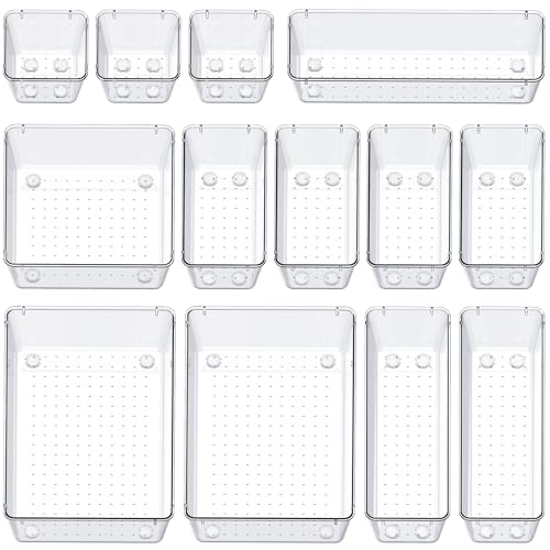 SMARTAKE 13-Piece Drawer Organizers with Non-Slip Silicone Pads, 5-Size Desk Bathroom Drawer Organizer Trays Storage Tray for Makeup, Jewelries, Utensils in Bedroom Dresser, Office and Kitchen, Clear