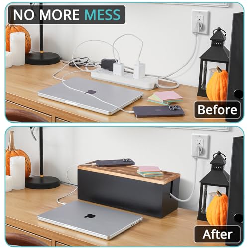 Bivvclaz Large Cable Management Box, Wooden Cord Organizer Box for Desk, Floor, Office to Hide Extension Cords Power Stripes Surge Protectors Chargers Wires, Black