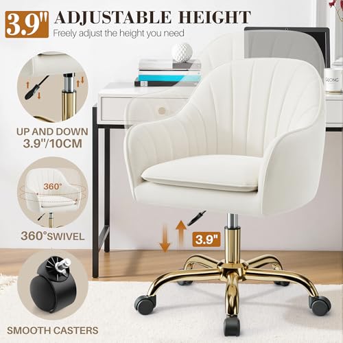 BestEra Vanity Chair with Wheels, Comfy Home Office Desk Chairs Adjustable Modern Velvet Makeup Vanity Chairs for Bedroom Living Room-Beige