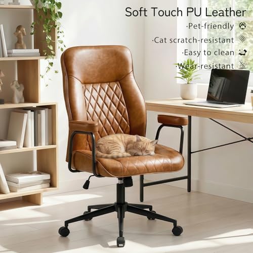 Furniliving Leather Office Chair, Comfy Home Office Desk Chair, Mid Century Modern Office Chair with Lumbar Support, Mid-Back Adjustable Swivel Computer Chair with Wheels and Arms, Brown