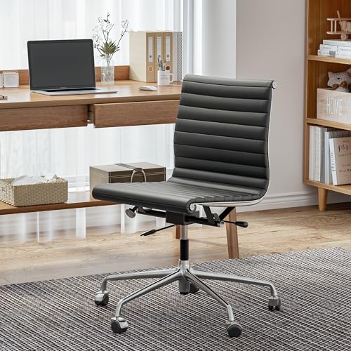 OTDMEL Armless Ribbed Office Desk Chair with Top Grain Leather, Mid Back Ergonomic Swivel Room Chair, Adjustable Height 5-Star Base, Black