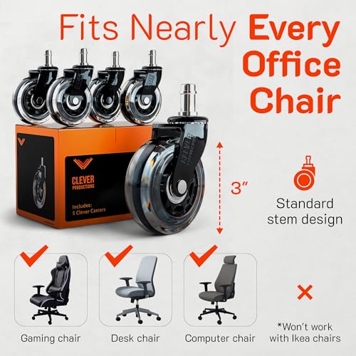 Replacement Office Chair Wheels (3" Set of 5) - Smooth & Quiet Rolling Heavy Duty 98% Universal Fit Caster Wheels for Office Chair - Desk Chair Wheels Clear for Hardwood Tile Vinyl Floors & Carpet