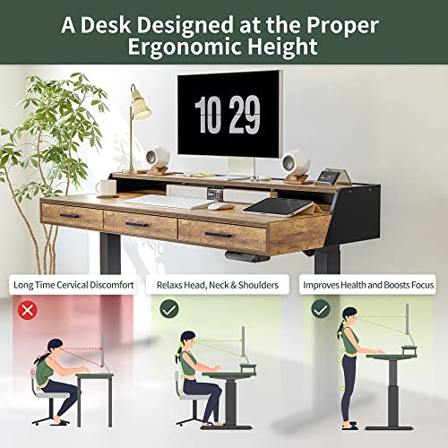 CubiCubi Standing Desk 48x26 Inches with 3 Wood Drawers and Monitor Shelf, Ergonomic Rising Home Office Desks, Height Adjustable Computer Desk, Sit Stand Up Electric Workstation Table, Brown