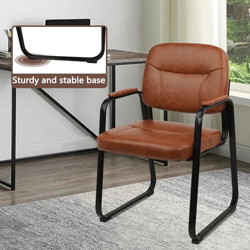 CLATINA Waiting Reception Chairs No Wheel, Leather Guest Chair with Padded Arms, Modern Brown Office Desk Chairs with Sled Base for Office Meeting Conference Room Lobby Home Living Room (4 Pack)