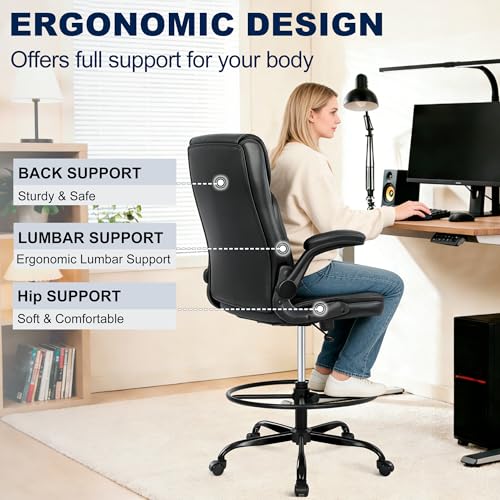 Misolant Drafting Chair with Footrest Ring, Tall Office Chair for Standing Desk, PU Faux Leather Bar Counter Height Chairs with Adjustable Height, 360° Swivel Wheels for Garage Office, Black