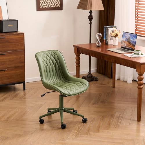 YOUNIKE Olive Green Faux Leather Ergonomic Office Chair Armless Comfy Desk Chair with Rocking Back Cute Swivel Vanity Chair with Wheels Height Adjustable Small Computer Task Chair for Sewing Drafting