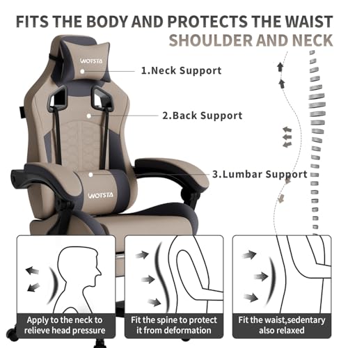 WOTSTA Gaming Chair with Massage,Ergonomic PC Gaming Chair with Footrest Comfortable Headrest and Lumbar Support, High Back, 300LBS (Grey)