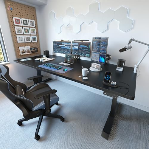 FEZIBO 71 x 37 Inch Electric Standing Desk with Integrated Dual-Beam & Cable Management, Memory Height Adjustable Computer Desk for Home Office Workstation, 1" Thick Large 3-Piece Tabletop Black