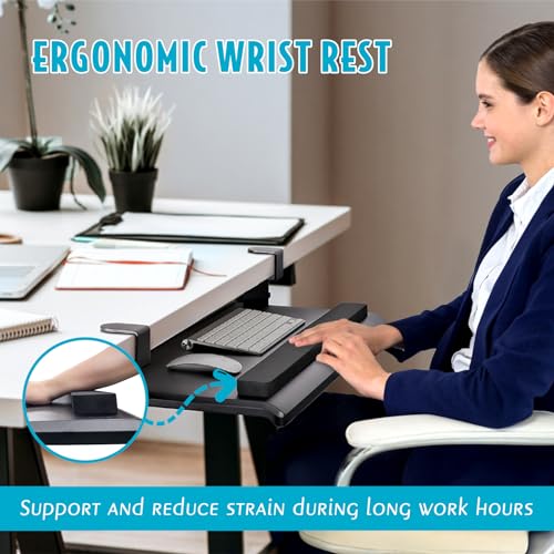 EHO Large Ergonomic C-Clamp Keyboard Tray Mount Under Desk with Wrist Rest, Slide-Out Platform 27.5" (31.8" Including Clamps) x 12.5", Pull Out Keyboard & Mouse Tray for Home or Office, Black