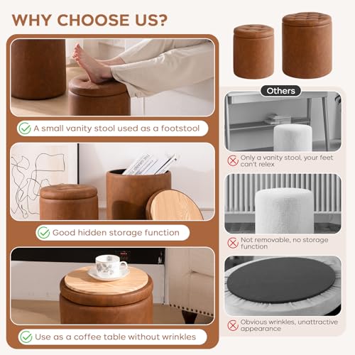 Round Ottoman with Storage Set of 2, 12.6"W x 14.17"H & 14.76"W x 17.32"H Faux Leather Button Tufted Storage Ottoman, Boucle Vanity Stool Footrest Coffee Table for Living Room, Bedroom, Brown